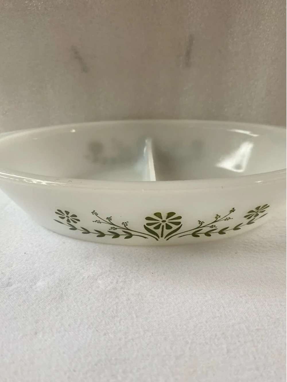 Vintage Glasbake Divided Casserole Baking Serving Dish Green Daisy